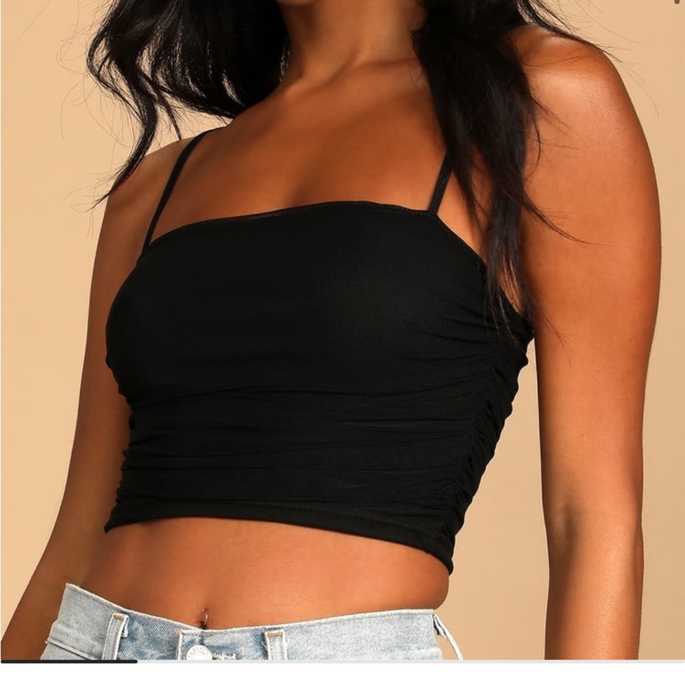 NWT Lulu’s Black Ruched Mesh Crop Top s